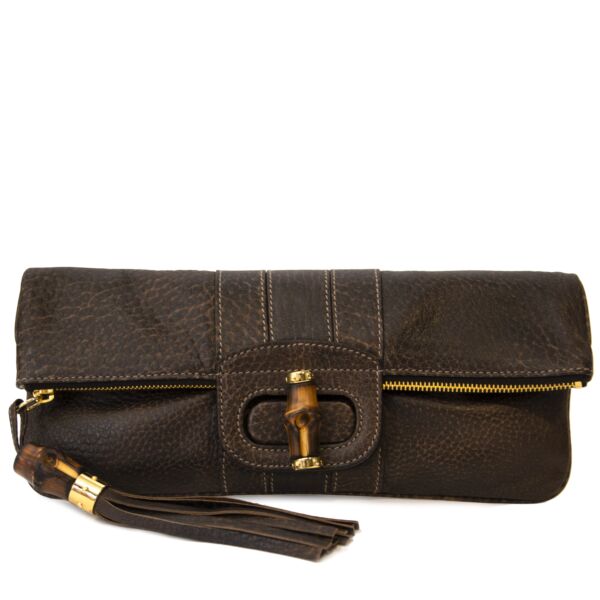 Gucci Brown Leather Fold Over Bamboo Clutch Bag for the best price available at Labellov