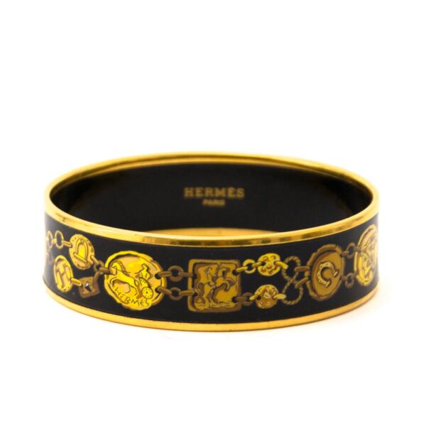 Hermes Black and Gold "H Chaine Kavalla" Wide Printed Enamel Bracelet
