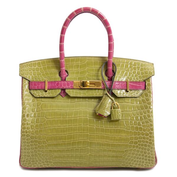 Hermès Birkin 30 Crocodile Porosus GHW Vert Anis/Rose Sheherazade for the best price at Labellov