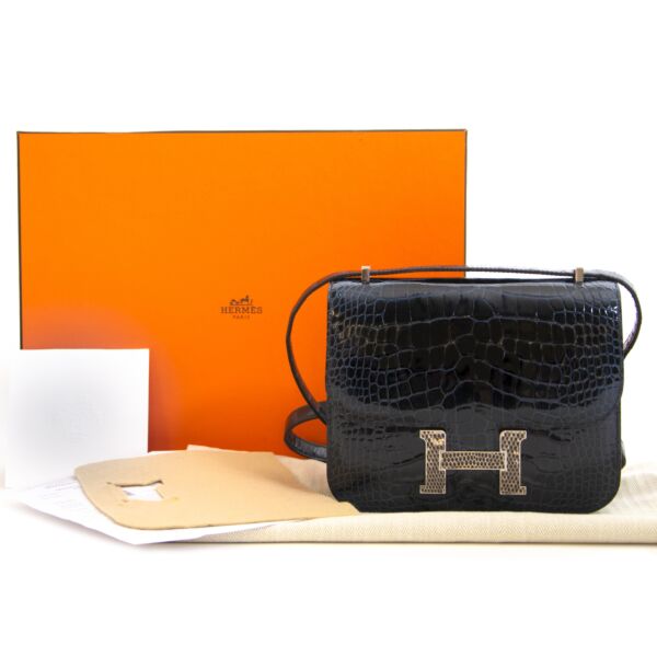 Hermès Constance 18 Mini Marquete Alligator Miss Lisse / Lezard Bleu Marine Ombre