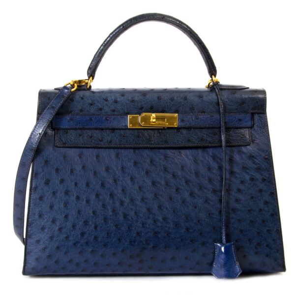 Buy 100% authentic Hermès Kelly 32 Ostrich Blue GHW for the best price at Labellov secondhand luxury in Antwerp