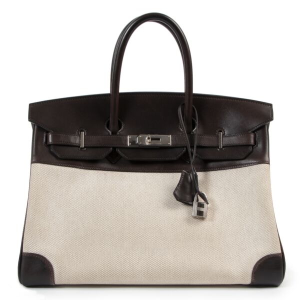 Hermès Birkin 35 Toile and Chocolate Brown Leather PHW for the best price at Labellov secondhand 
