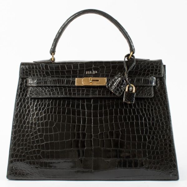 Hermès Vintage Kelly 32 Black Shiny Crocodile GHW
