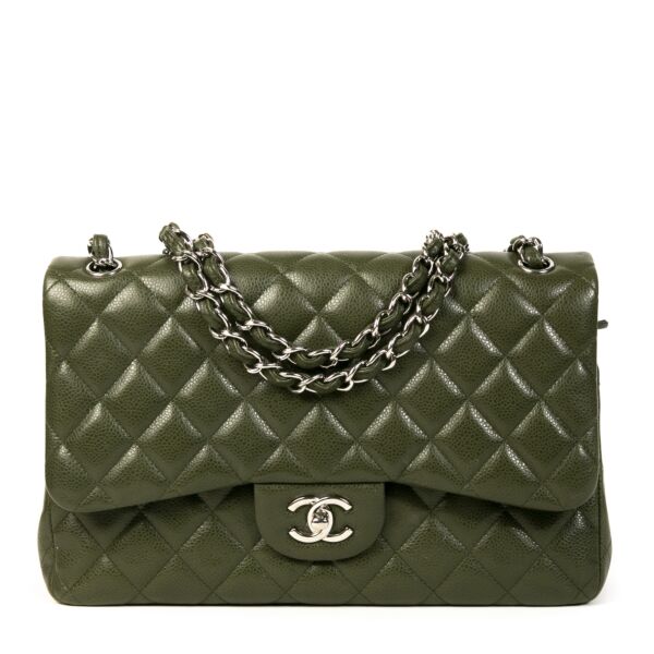 Authentieke Tweedehands Chanel Olive Green Jumbo Classic Double Flap Bag juiste prijs veilig online shoppen luxe merken webshop winkelen Antwerpen België mode fashion