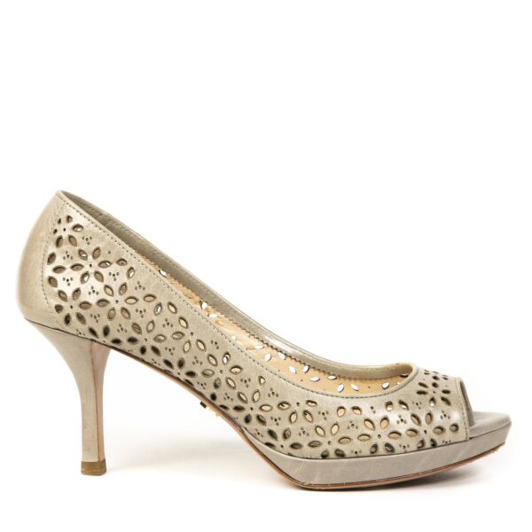 Prada Grey Floral Cut-Out Leather Slingback Pumps 