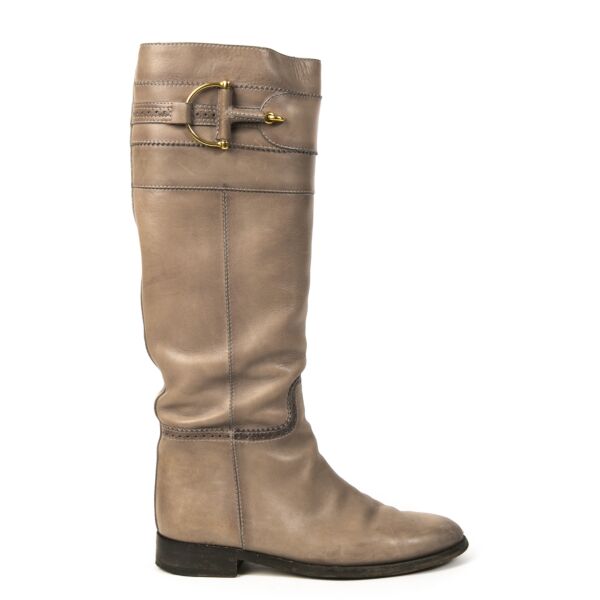Authentieke Tweedehands Gucci Taupe Horsebit Leather Boots juiste prijs veilig online shoppen luxe merken webshop winkelen Antwerpen België mode fashion