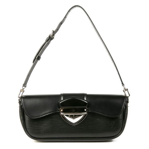 Authentieke Tweedehands Louis Vuitton Black Epi Leather Montaigne Pochette Bag juiste prijs veilig online shoppen luxe merken webshop winkelen Antwerpen België mode fashion