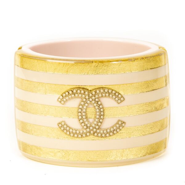 Chanel Cruise 2013 Gold Pink Striped Resin Cuff Bracelet Pearl CC Logo