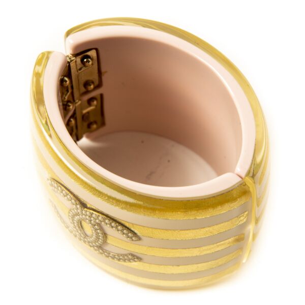 Chanel Cruise 2013 Gold Pink Striped Resin Cuff Bracelet Pearl CC Logo