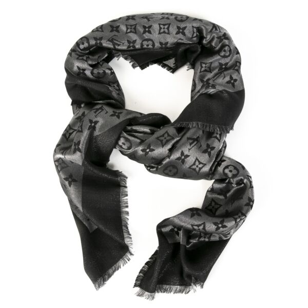 Authentieke Tweedehands Louis Vuitton Classic Blue Monogram Scarf juiste prijs veilig online shoppen luxe merken webshop winkelen Antwerpen België mode fashion