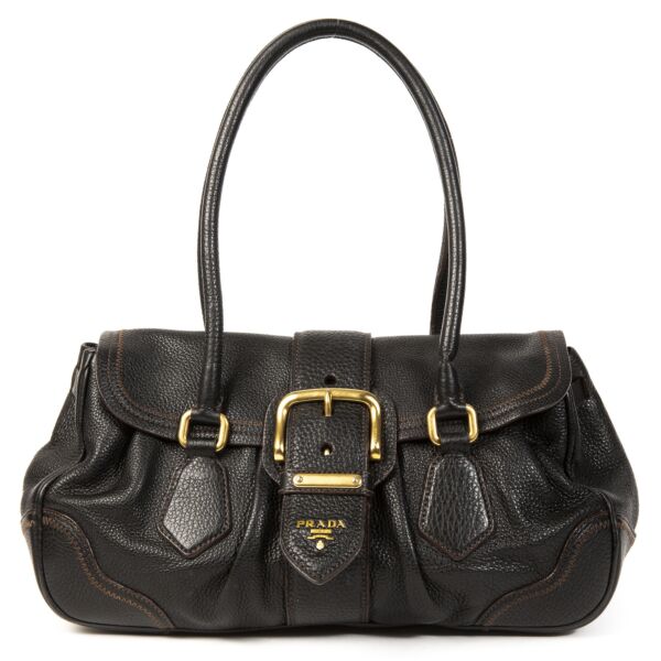 Authentieke tweedehands vintage Prada Black Gold Shouder Bag koop online webshop LabelLOV