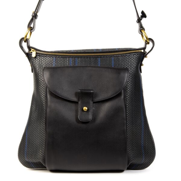 Authentieke Tweedehands Delvaux Dark Blue Toile de Cuir Striped Shoulder Bag juiste prijs veilig online shoppen luxe merken webshop winkelen Antwerpen België mode fashion