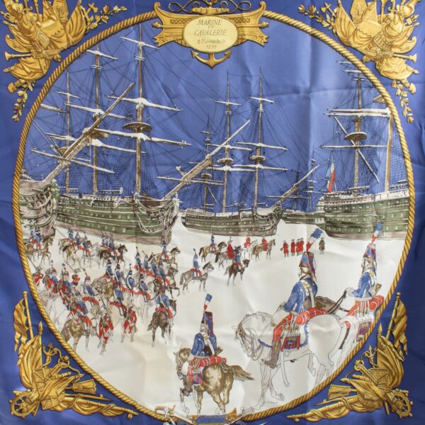 Hermès Blue Silk Marine et Cavalerie 90 Scarf