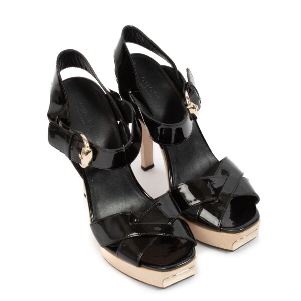 Gucci Black Patent Leather Wood Platform Sandals - size 39