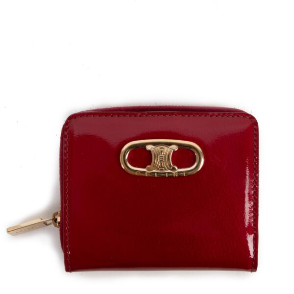 Celine Triomphe Red Patent Leather Zip Compact Wallet