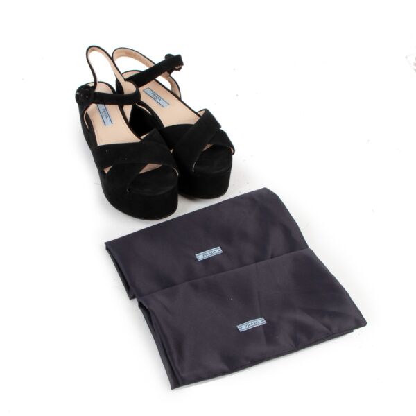 Prada Black Suede Criss Cross Wedge Sandals - Size 36,5