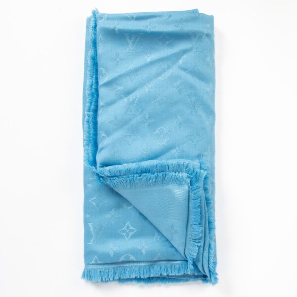 Authentic pre-loved Louis Vuitton Blue Cyan Monogram Classic Scarf on Labellov.com