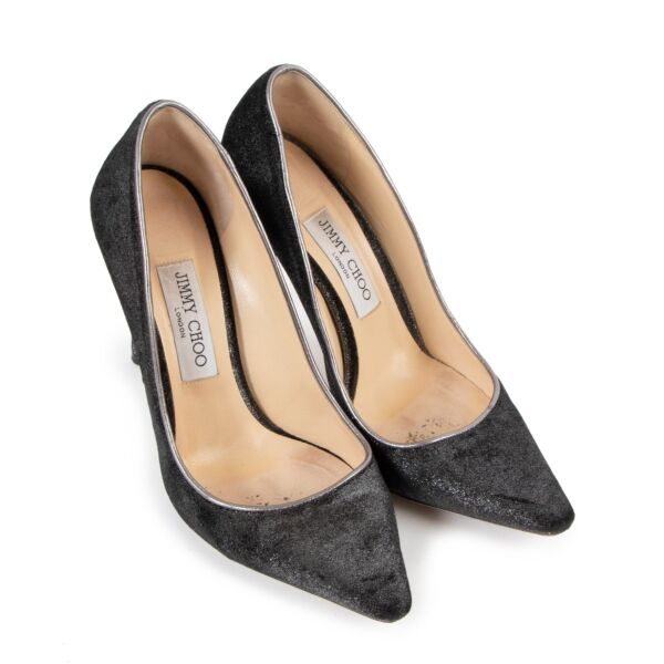 Jimmy Choo Romy 100 Grey Glitter Velvet Pumps - Size 38,5