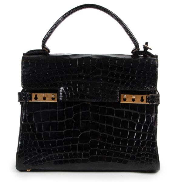 Shop safe online authentic Delvaux Black Croco Tempête MM Bag. 