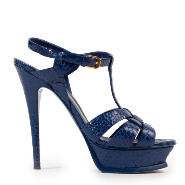 Shop safe online authentic second hand Saint Laurent Blue Croco Embossed Sandals in Size 38,5.