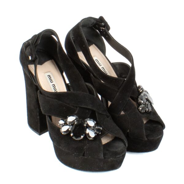 Miu Miu Black Suede Crystal Sandals - Size 37,5