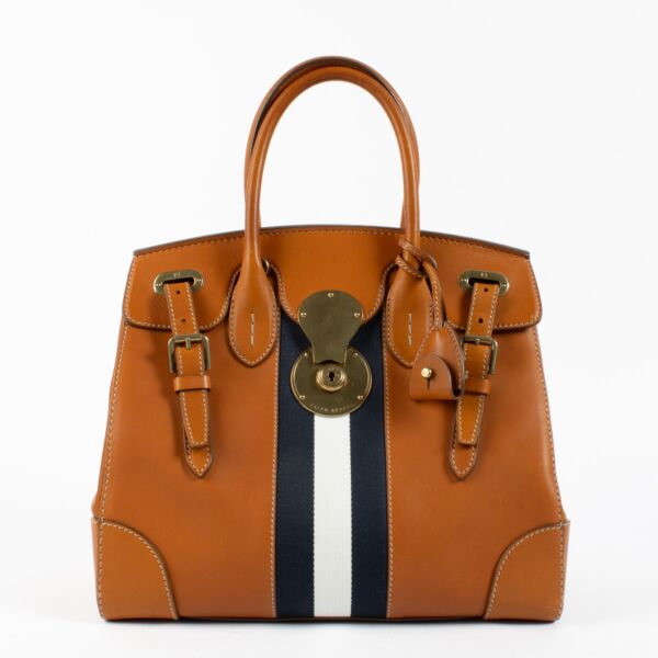 Authentic second hand Ralph Lauren Collection Tan/Navy Striped Soft Ricky 33 Bag on Labellov.com