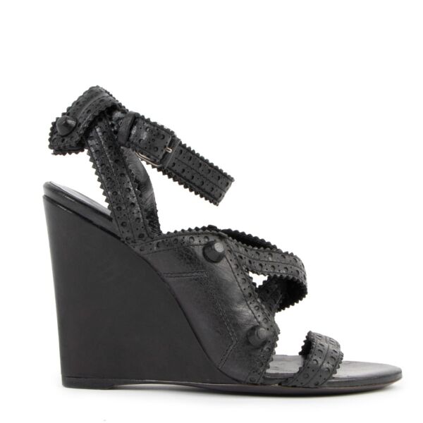 Balenciaga Black Brogue Arena Ankle Strap Wedge Sandals