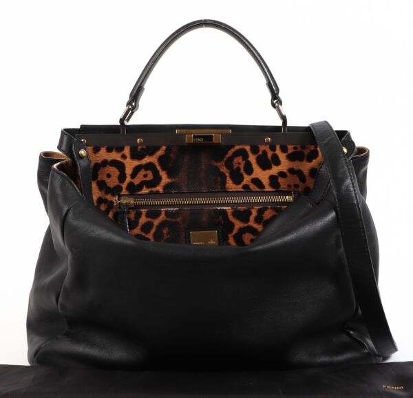 Fendi Black Leopard-Lined Large Peekaboo Iconic Bag
