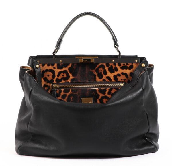 Fendi Black Leopard-Lined Large Peekaboo Iconic Bag