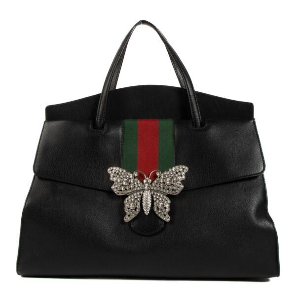 Authentic second hand Gucci Black Crystal Butterfly Large Linea Totem Bag on www.labellov.com