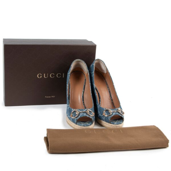 Gucci Blue Denim Horsebit Wedge Heels - size 38.5