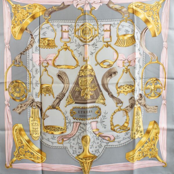 Hermès Grey/Pink Silk Etriers 90 Scarf