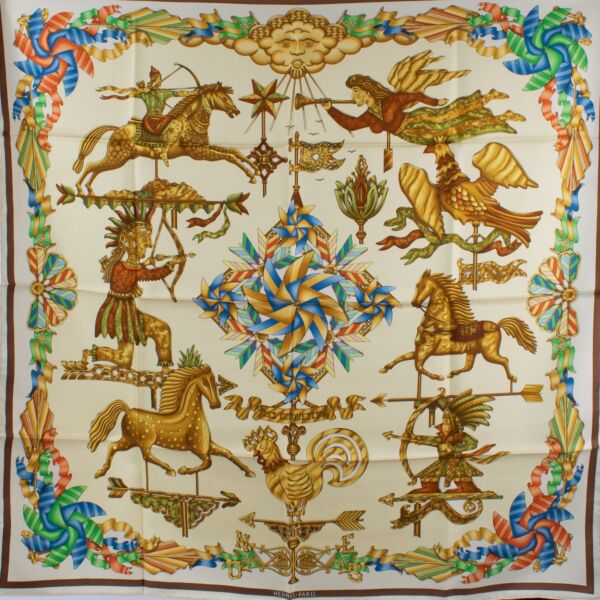 Hermès Multicolor Les Girouettes Silk Carré 90 Scarf