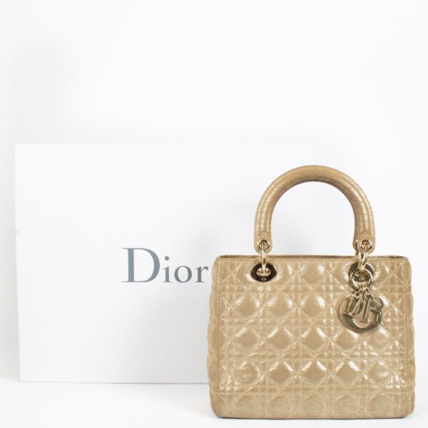 Christian Dior Gold Fabric Medium Lady Dior