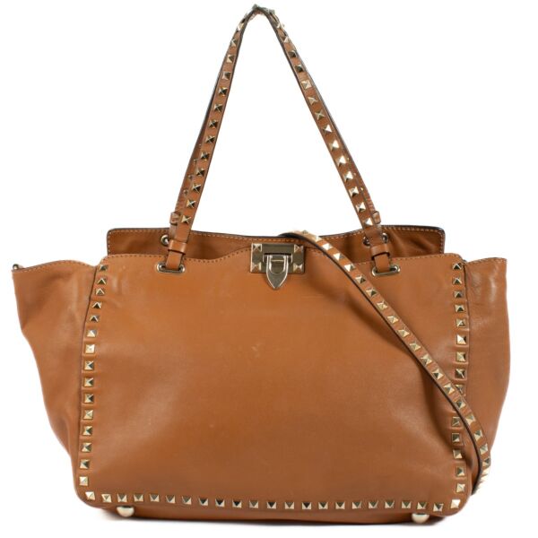 Valentino Garavani Camel Leather Medium Rockstud Tote Bag
