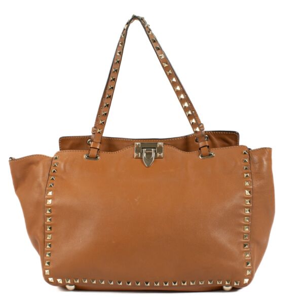 Valentino Garavani Camel Leather Medium Rockstud Tote Bag