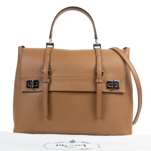 Prada Beige Saffiano Double Turn Lock Satchel 