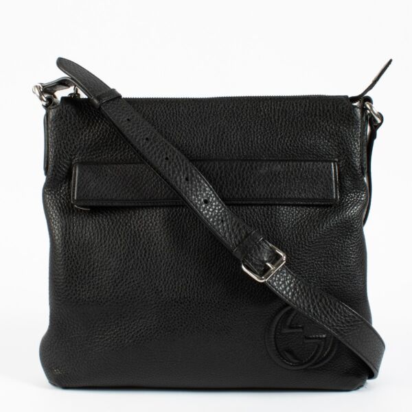 Gucci Black Leather Interlocking G Messenger Bag