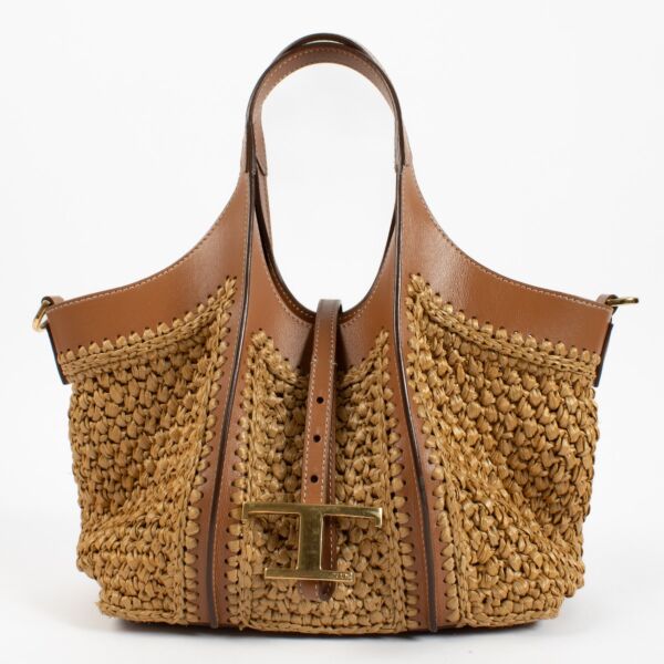 Tod's Raffia/Leather T Timeless Mini Shopping Bag