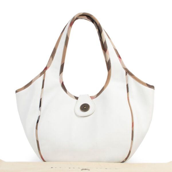 Burberry White Leather And Nova Check Trim Hobo Bag 