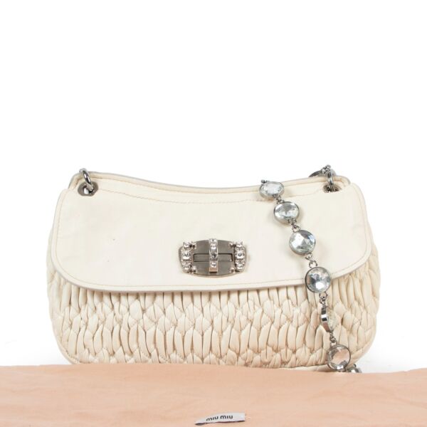 Miu Miu Cream Crystal Cloqué Matelassé Turnlock Shoulder Bag