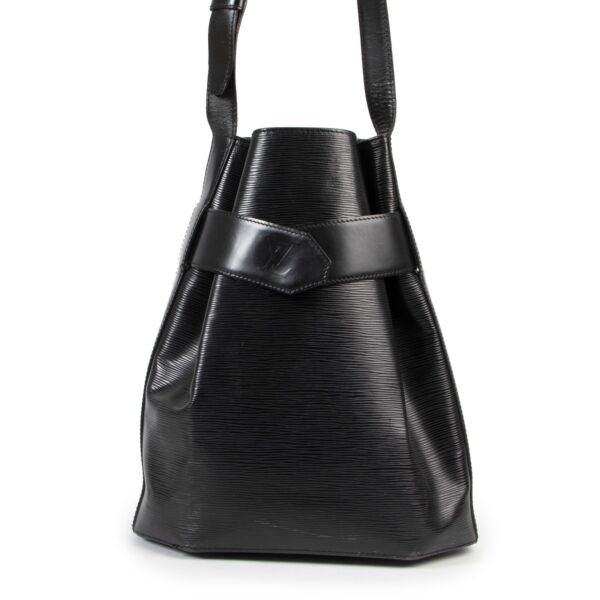 Louis Vuitton Black Epi Leather Shoulder Bag with long strap and LV signature opening 