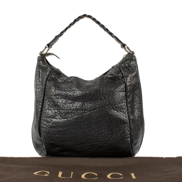 Gucci Black Pebbled Leather Bamboo Bar Hobo Bag
