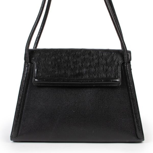 Original vintage Delvaux Black Leather Ostrich Shoulder Bag for sale in good condition on Labellov vintage site with good price