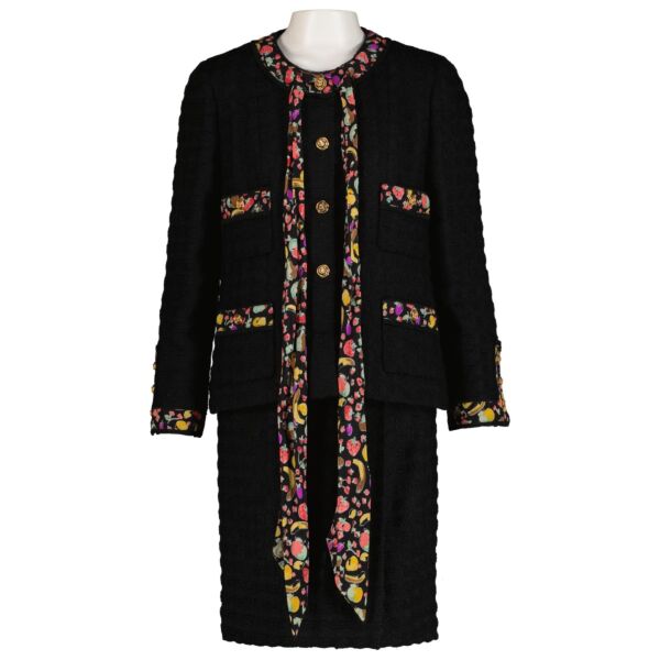 Chanel 1980s Black Tweed Fruit Print Silk Jacket Set