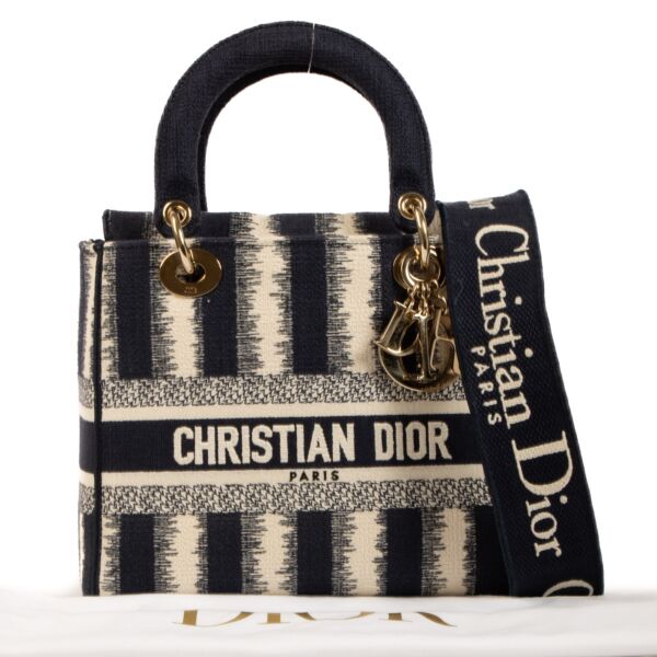 Christian Dior Blue and Beige Striped Medium Lady D-Lite Bag
