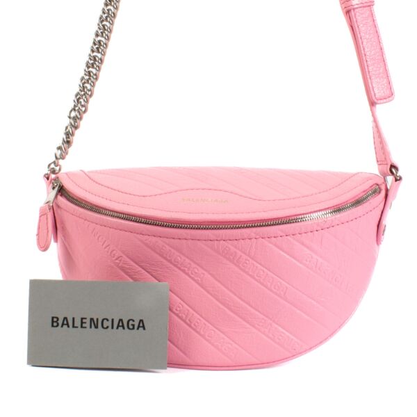 Balenciaga Shiny Goatskin All Over Logo Embossed Pink Crossbody Bum Bag