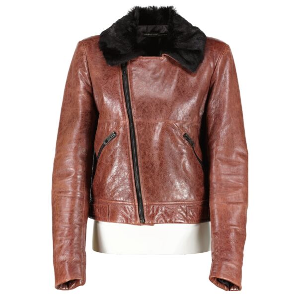 Balenciaga Fur Collar Brown Leather Jacket - Size 42