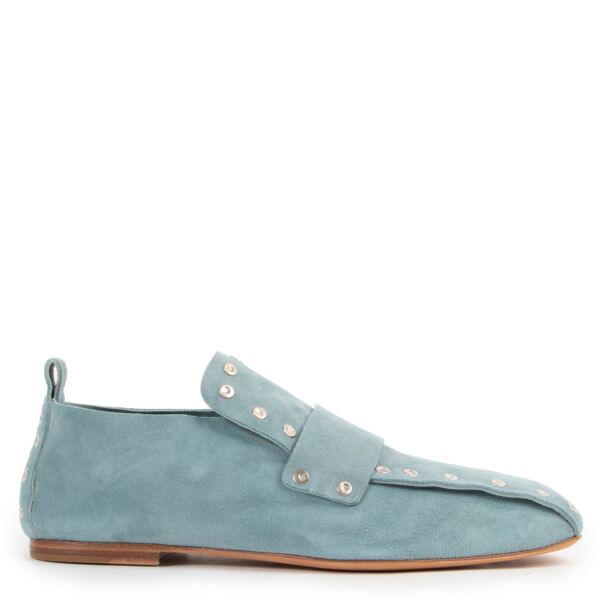 Shop safe online 100% authentic second hand Celine Mineral Blue Soft Rivet Stud Suede Loafers - Size 37,5 in very good condition as new at the right price at Labellov in Antwerp.