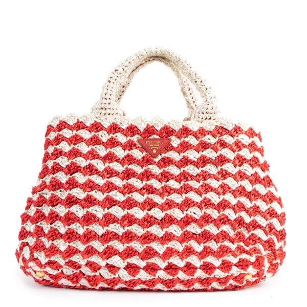 Prada Red Raffia Crochet Canapa Tote Bag 